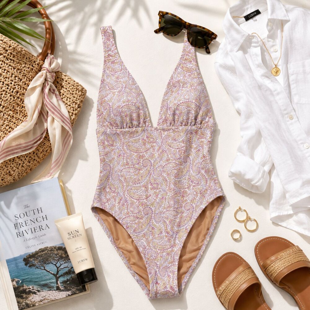 J. Crew Eco Plunge V-Neck One-Piece Swimsuit in Beach Paisley